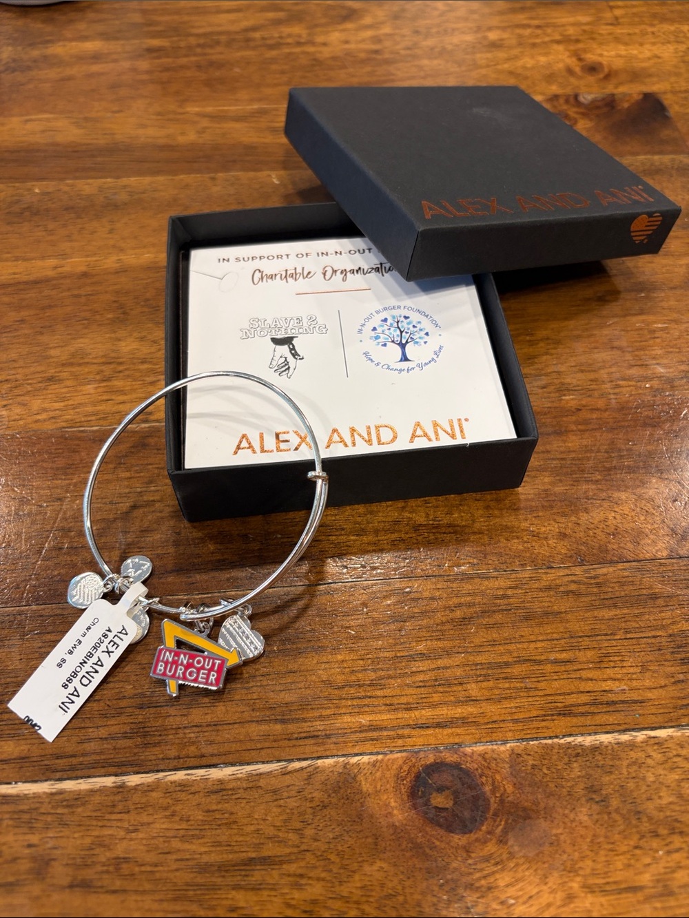Alex and Ani Silver Bangle Bracelet with Red & Yellow In-N-Out Burger Charm